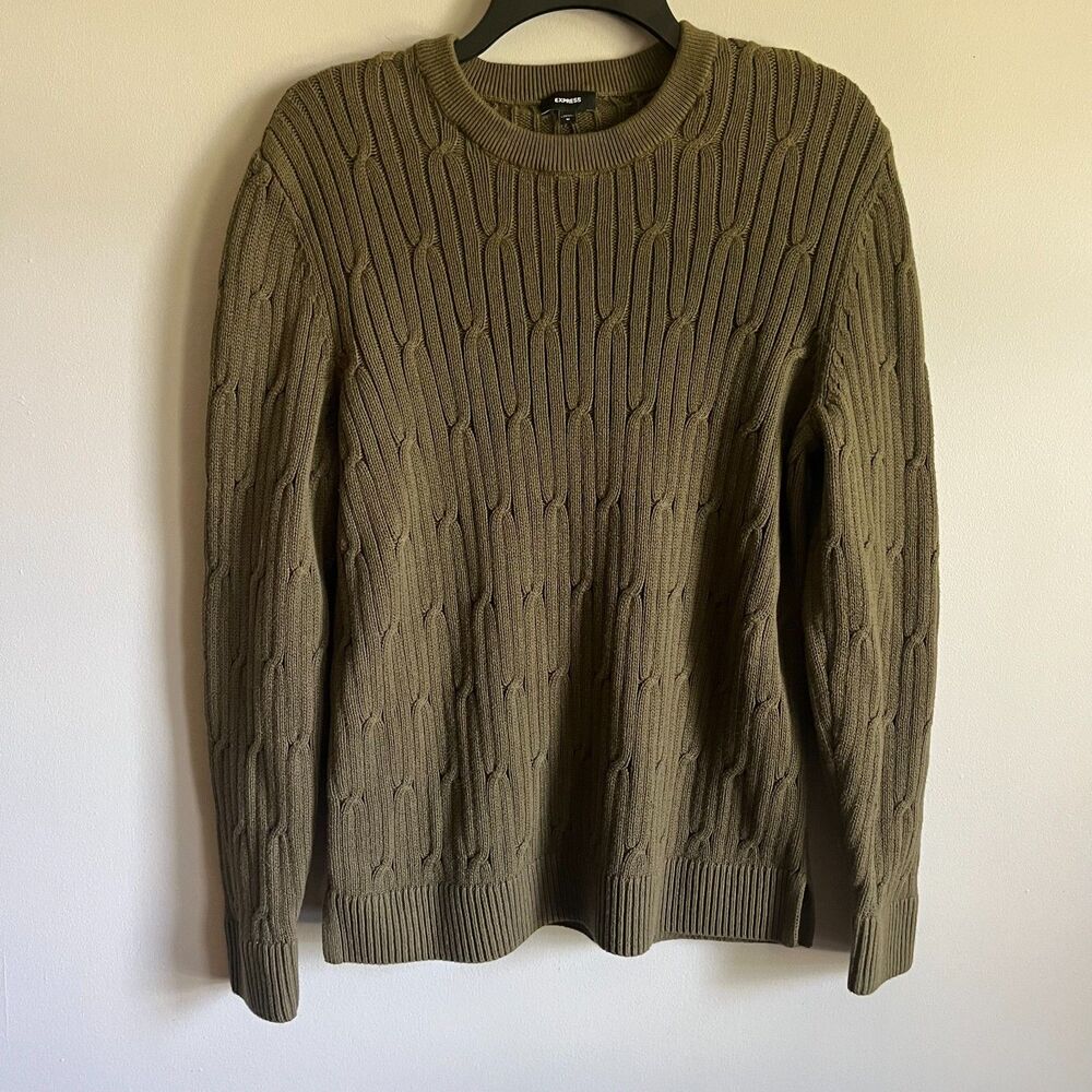 Express Cable Knit Crewneck Sweater Men's M Olive Green 100% Cotton